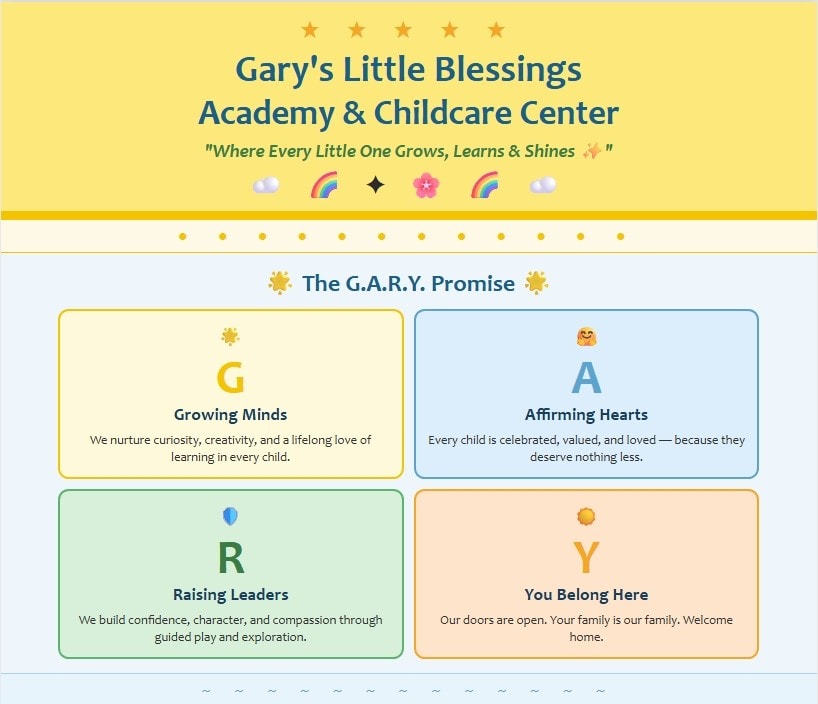 Colorful, welcoming classroom at Gary's Little Blessings Academy showing the G.A.R.Y. Promise framework