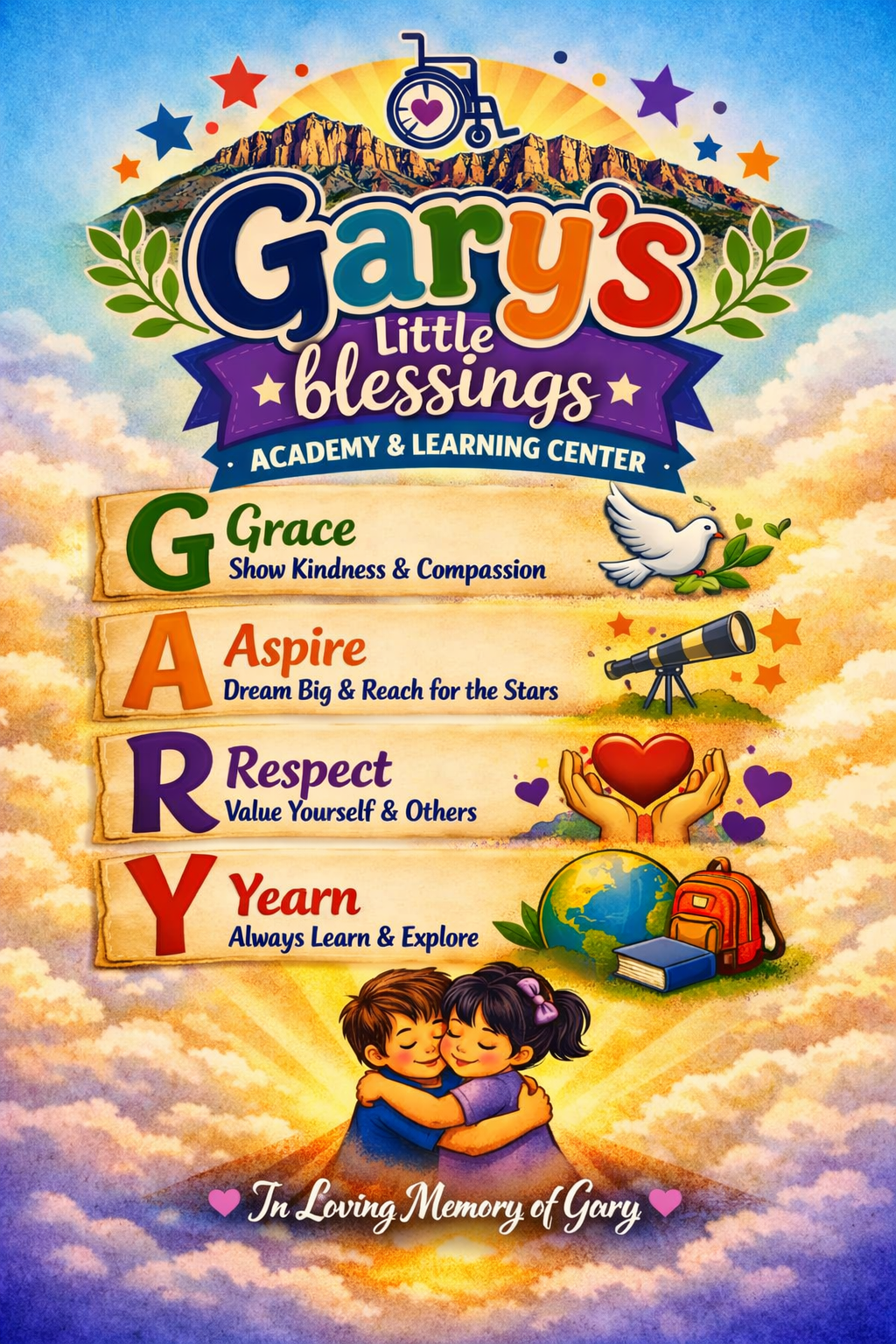 Gary's Little Blessings Academy & Learning Center logo featuring the GARY acronym with colorful design elements