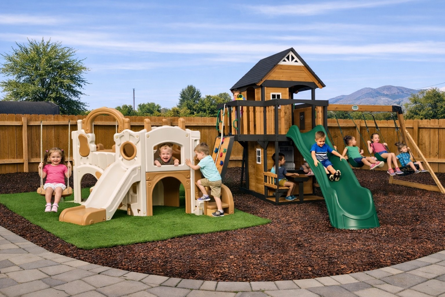 Outdoor playground at Gary's Little Blessings with wooden play structures, slides, and swings
